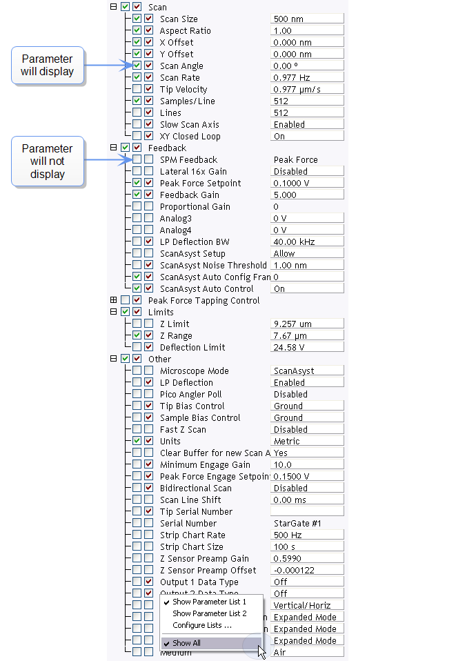 Displaying Parameters